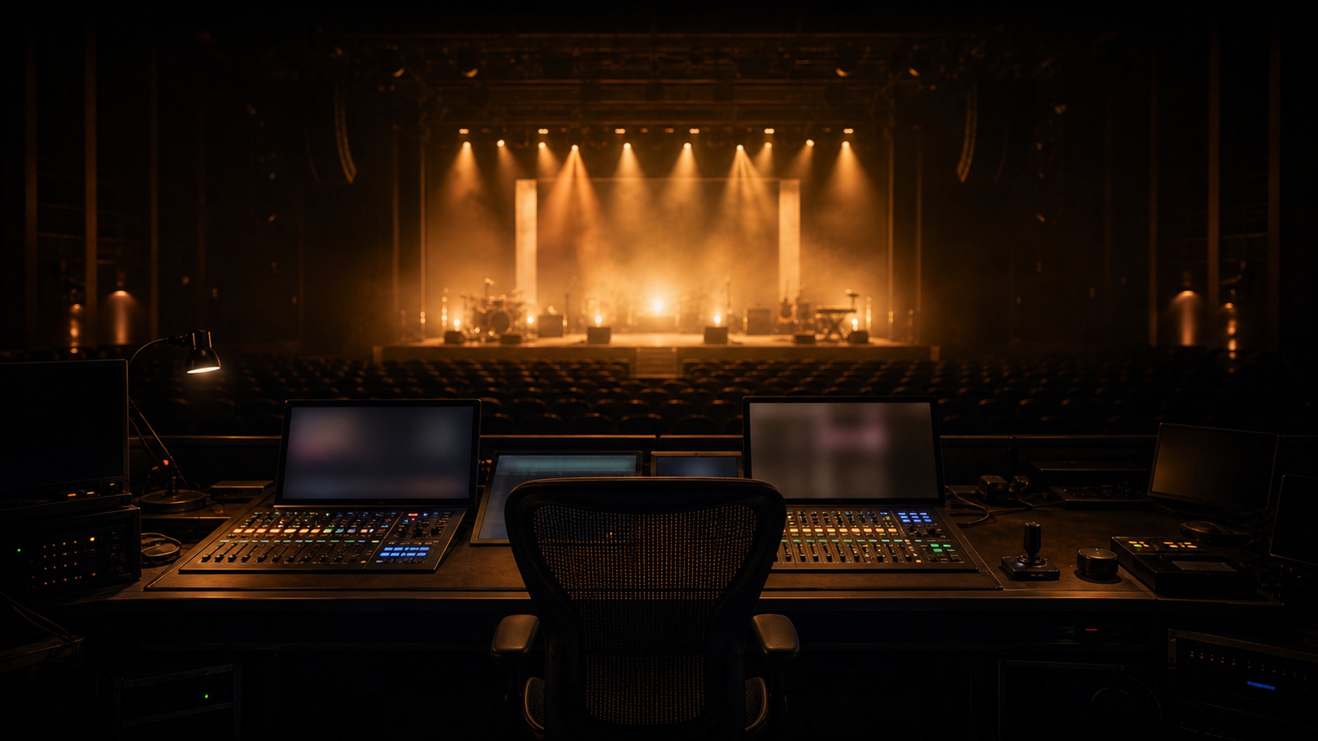 Front-of-house control desk overlooking a lit stage
