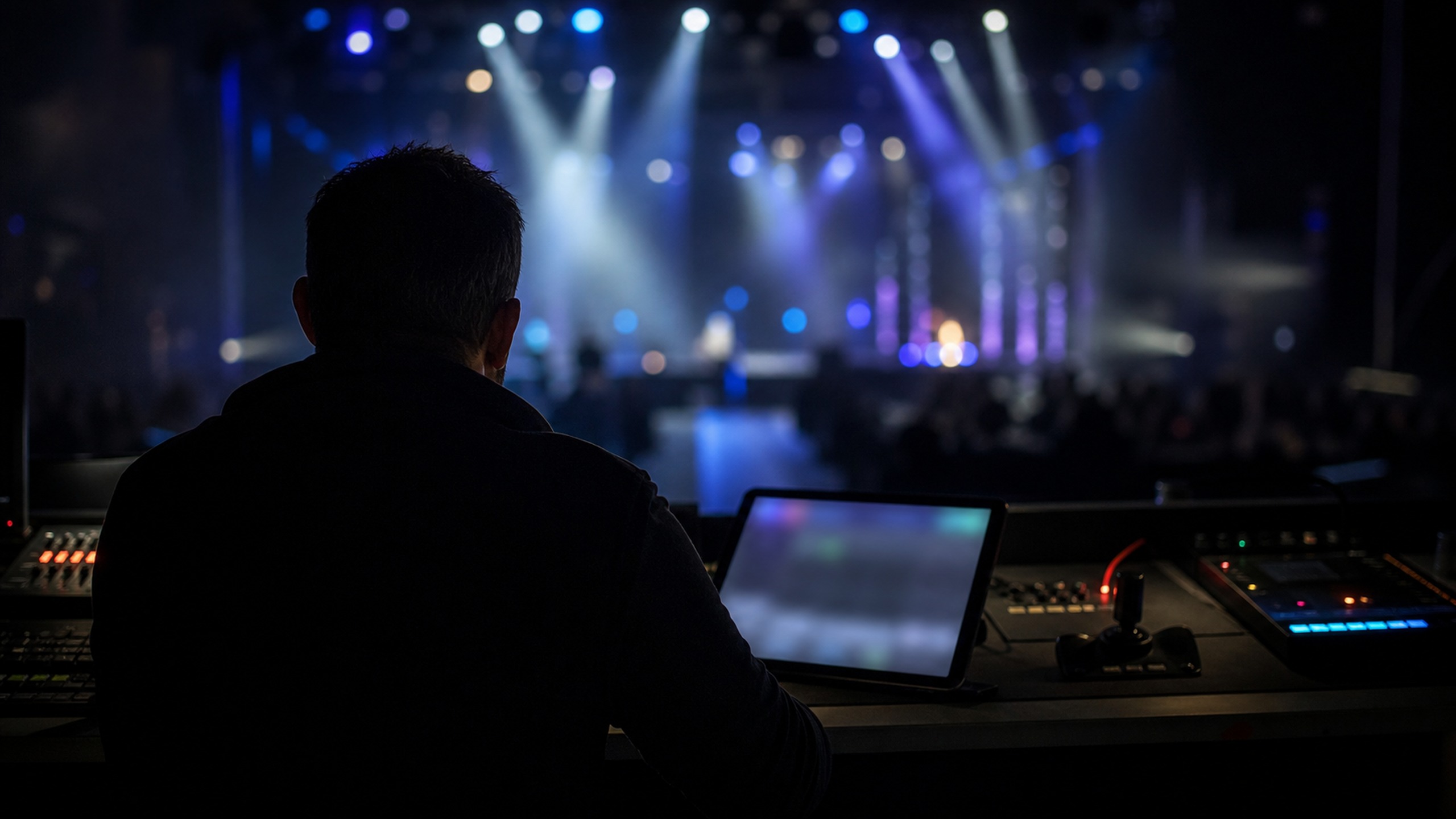 Operator at a tech booth overlooking a lit stage