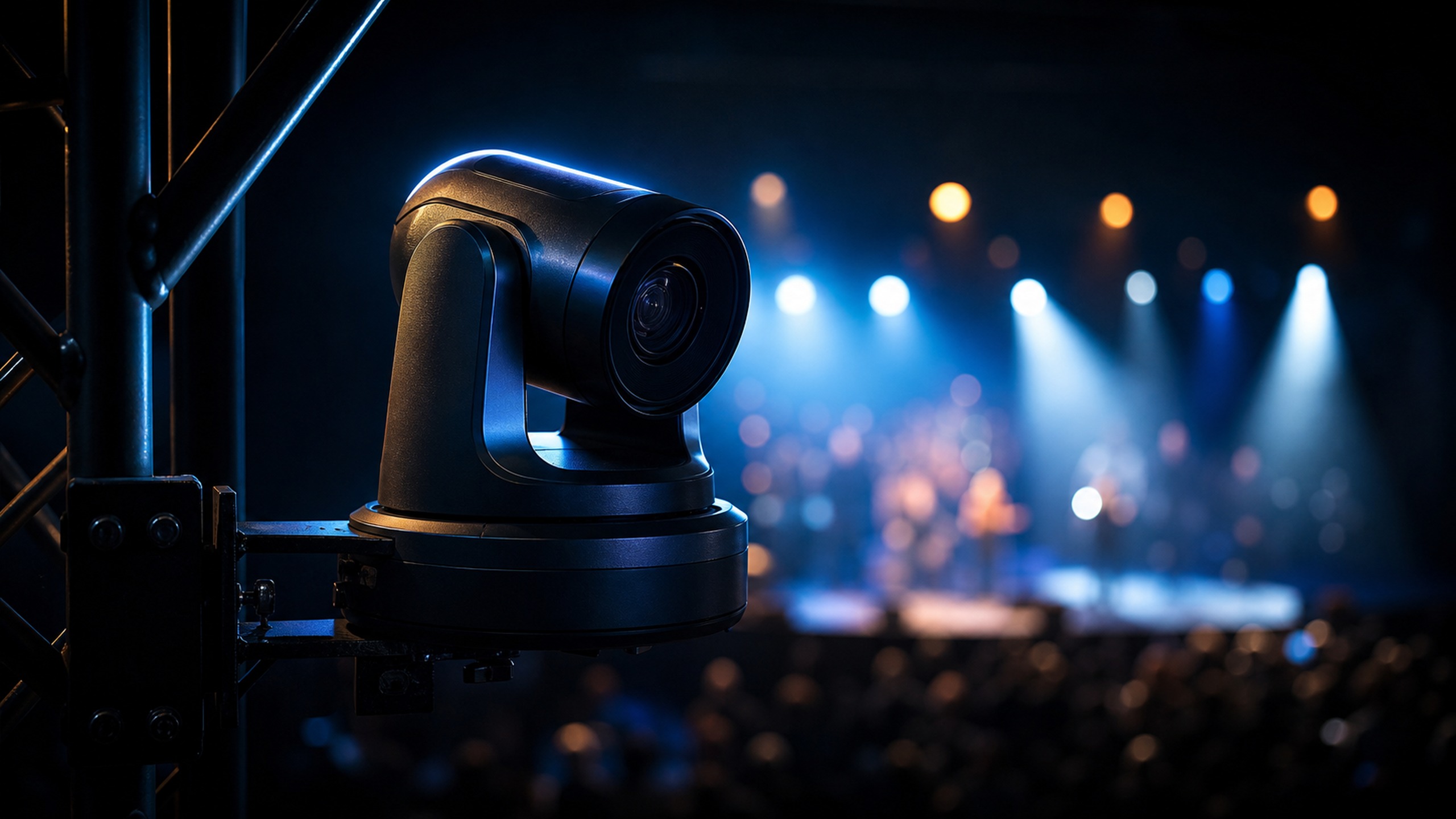 PTZ camera mounted above a stage