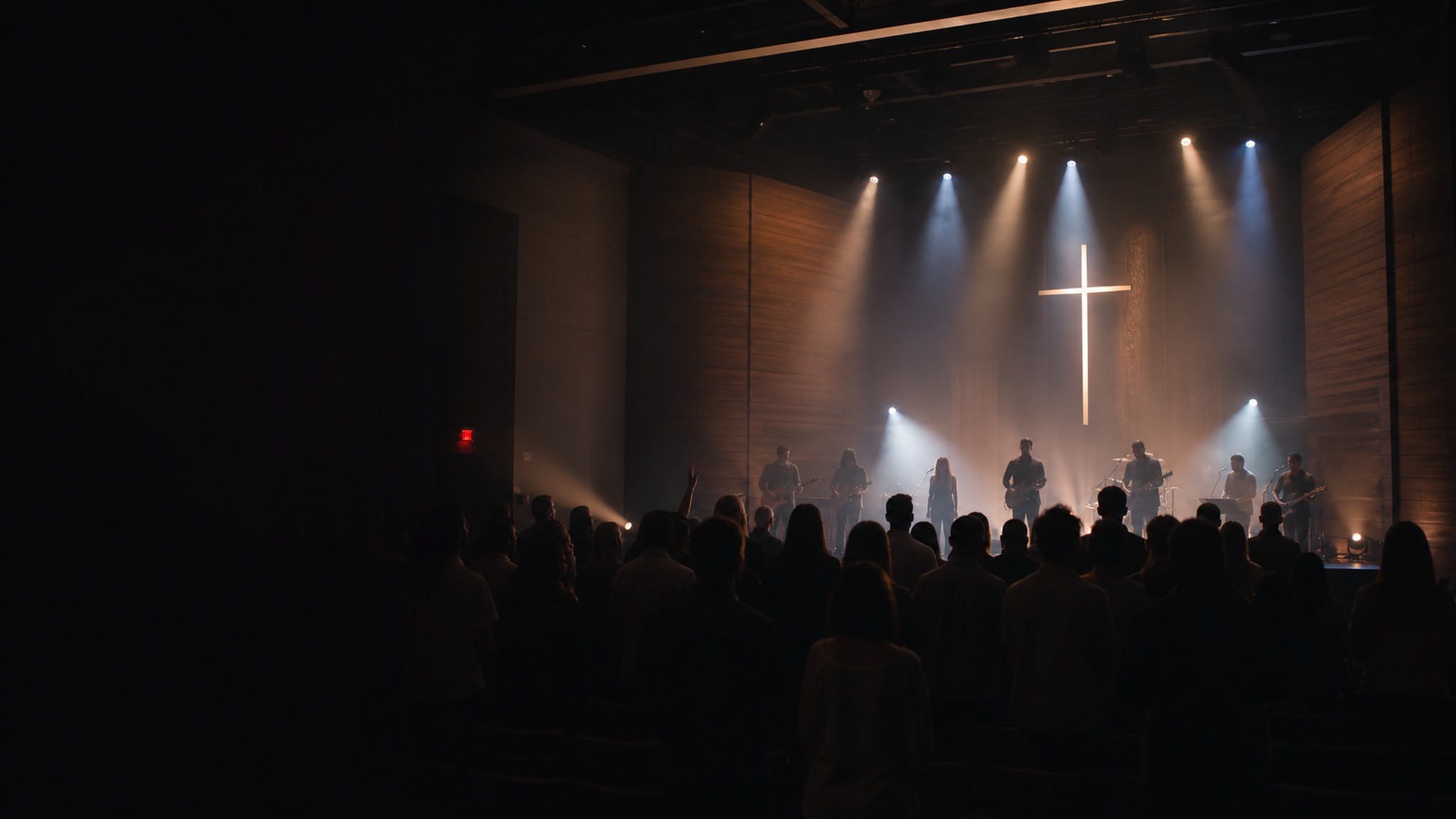 Modern church platform lit for a worship service