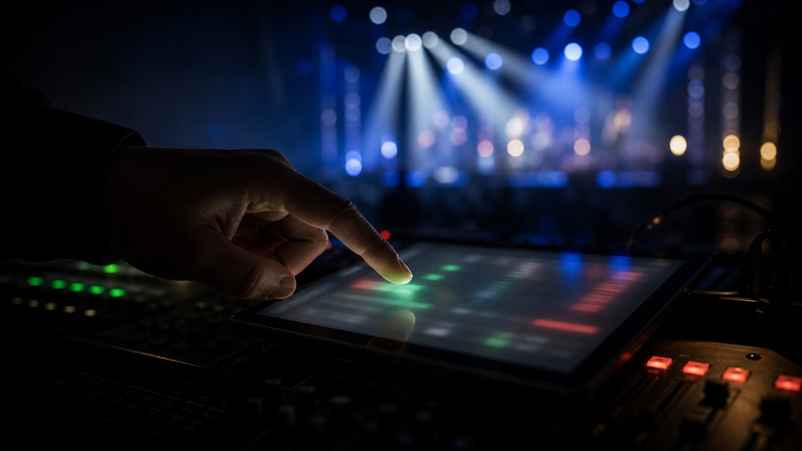 Hand tapping a glowing production tablet at a dark desk
